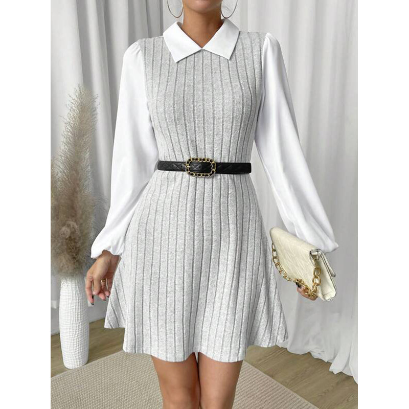 Grey & White Cuffed Sleeves Striped A-Line Dress