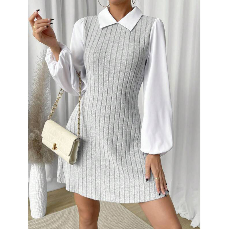 Grey & White Cuffed Sleeves Striped A-Line Dress