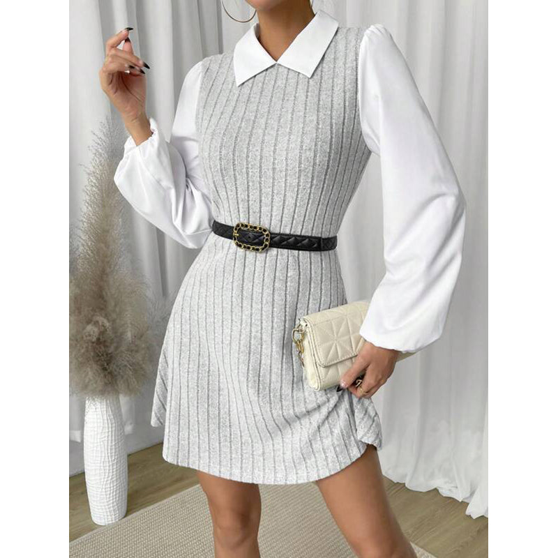 Grey & White Cuffed Sleeves Striped A-Line Dress