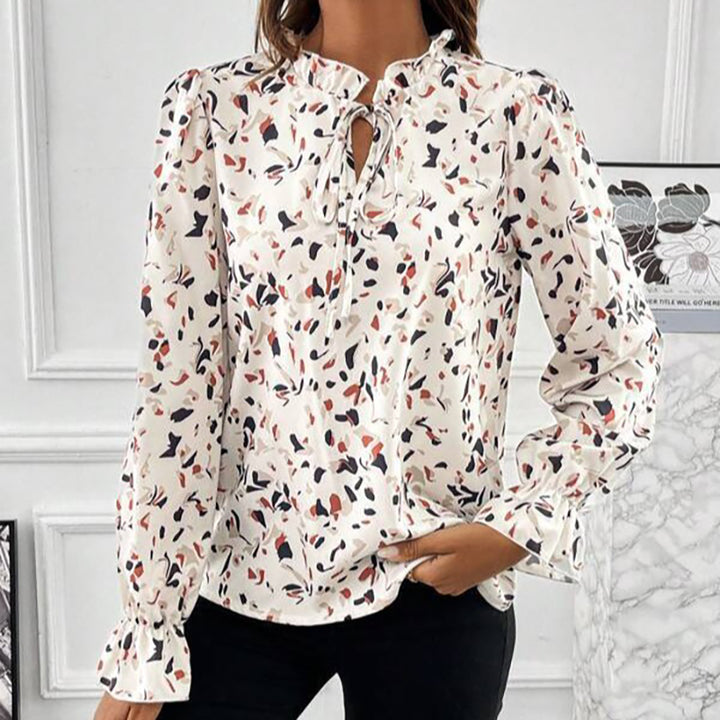 Beige Floral Printed Tie-Up Neck Bell Sleeves Top