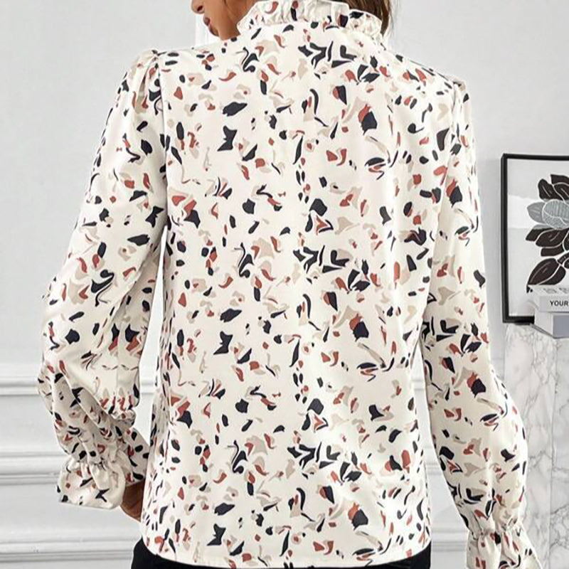 Beige Floral Printed Tie-Up Neck Bell Sleeves Top
