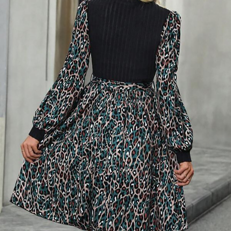 High Neck Long Puff Sleeve Abstract Print A-Line Dress