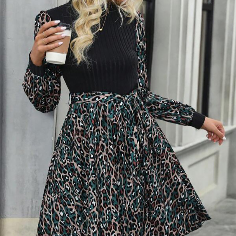 High Neck Long Puff Sleeve Abstract Print A-Line Dress