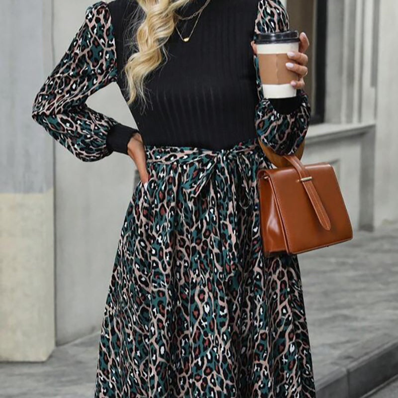 High Neck Long Puff Sleeve Abstract Print A-Line Dress