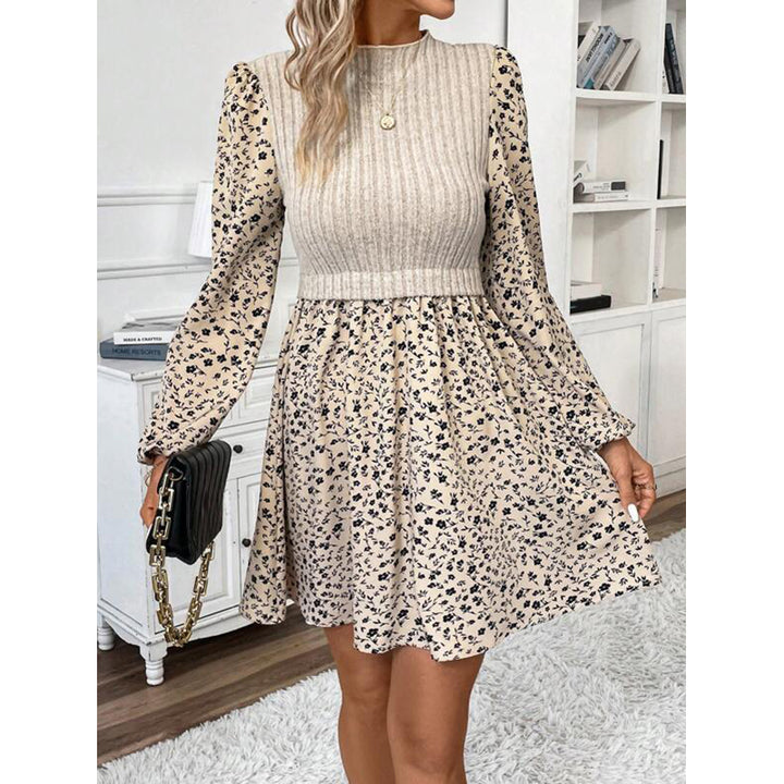 Beige & Black Floral Printed Fit & Flare Dress