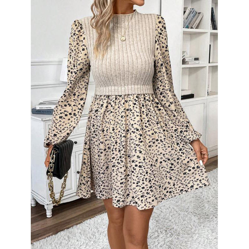 Beige & Black Floral Printed Fit & Flare Dress