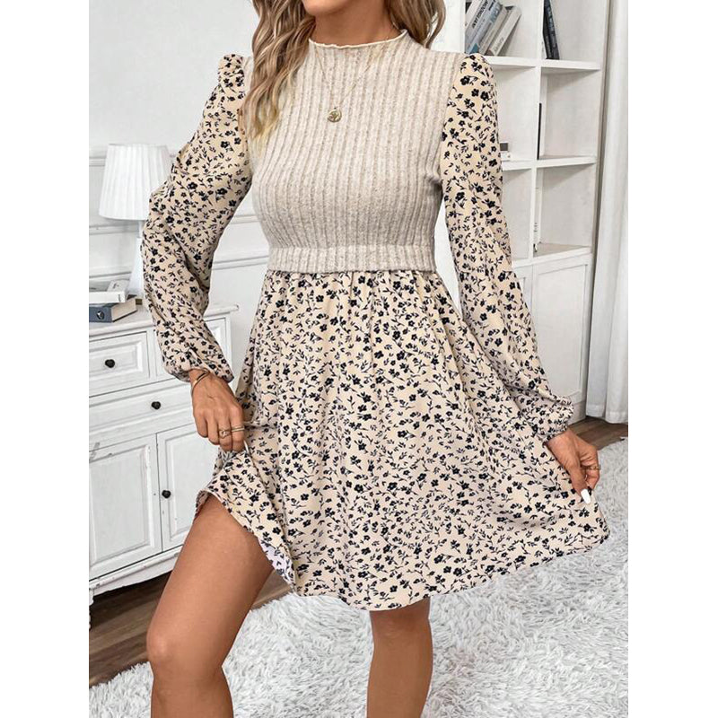 Beige & Black Floral Printed Fit & Flare Dress