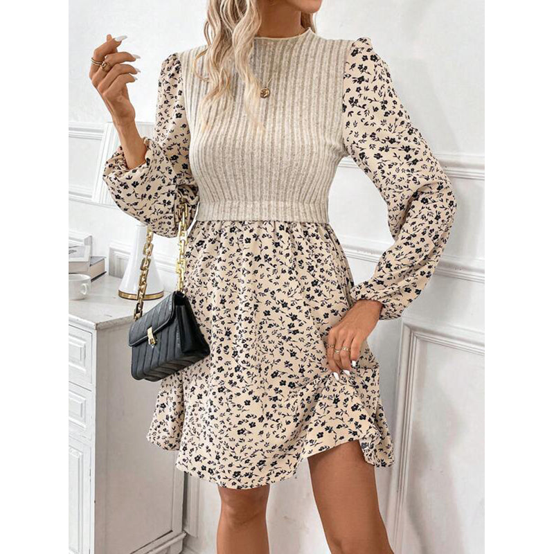 Beige & Black Floral Printed Fit & Flare Dress