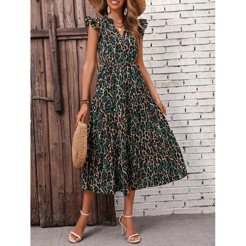 Abstract Printed V-Neck Sleeveless A-Line Dress