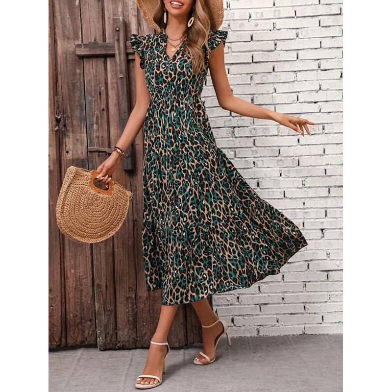 Abstract Printed V-Neck Sleeveless A-Line Dress