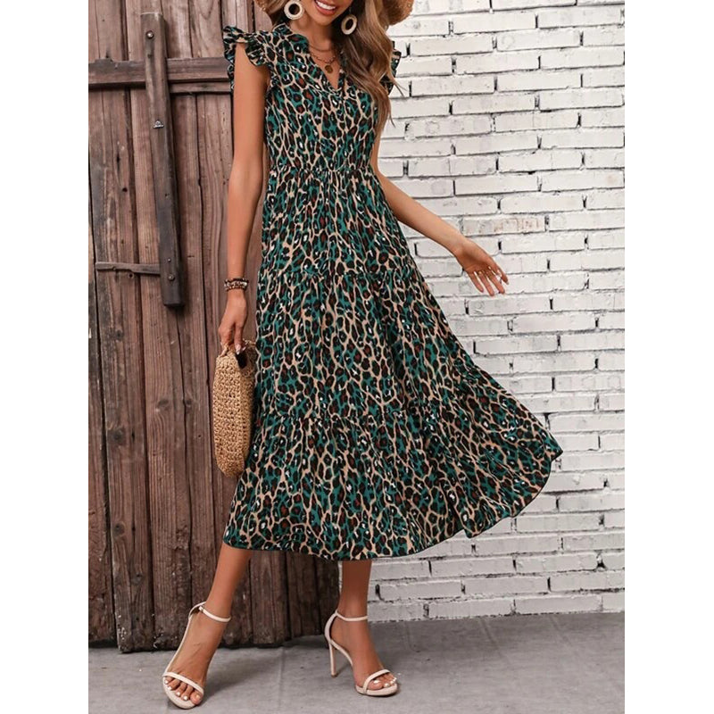 Abstract Printed V-Neck Sleeveless A-Line Dress