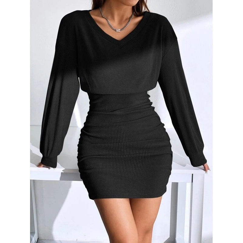 V-Neck Long Sleeves Ruched Bodycon Mini Dress