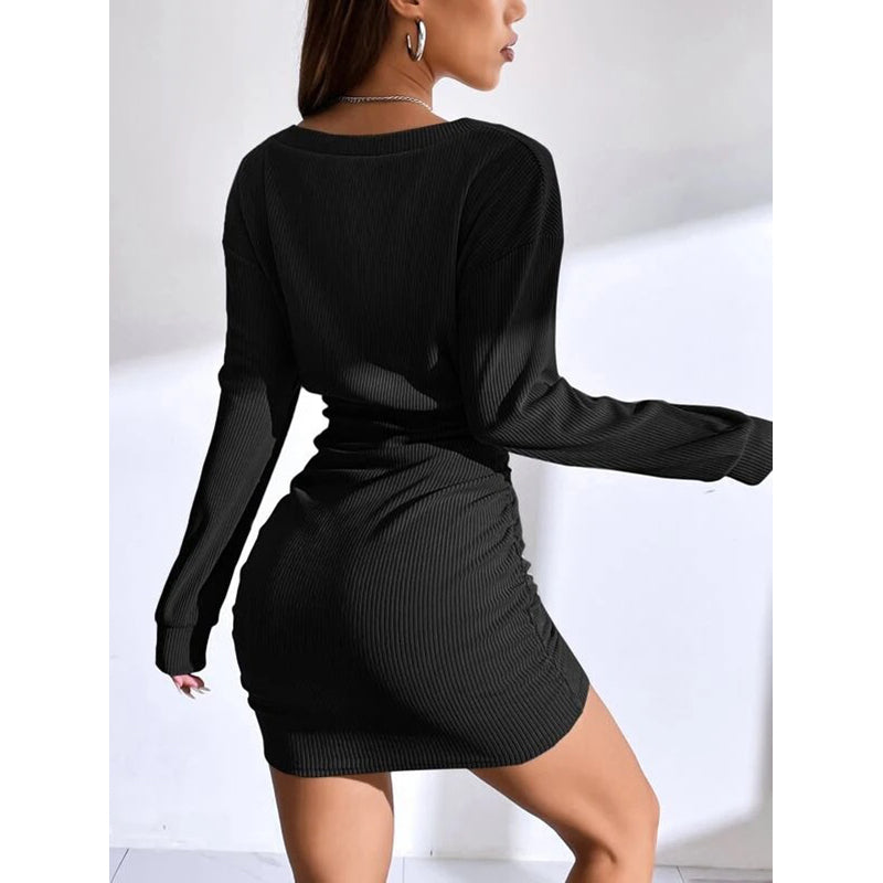 V-Neck Long Sleeves Ruched Bodycon Mini Dress