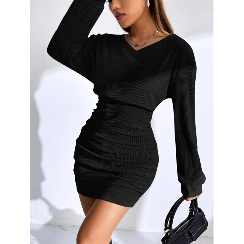 V-Neck Long Sleeves Ruched Bodycon Mini Dress