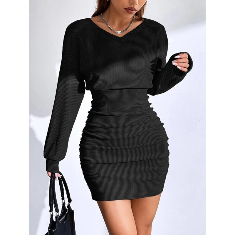 V-Neck Long Sleeves Ruched Bodycon Mini Dress