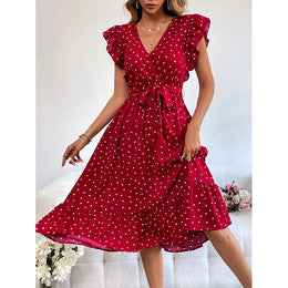 Polka Dot Printed Flutter Sleeves Tie-Up Detailed A-Line Midi Dress