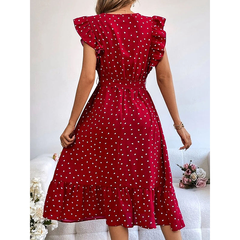Polka Dot Printed Flutter Sleeves Tie-Up Detailed A-Line Midi Dress
