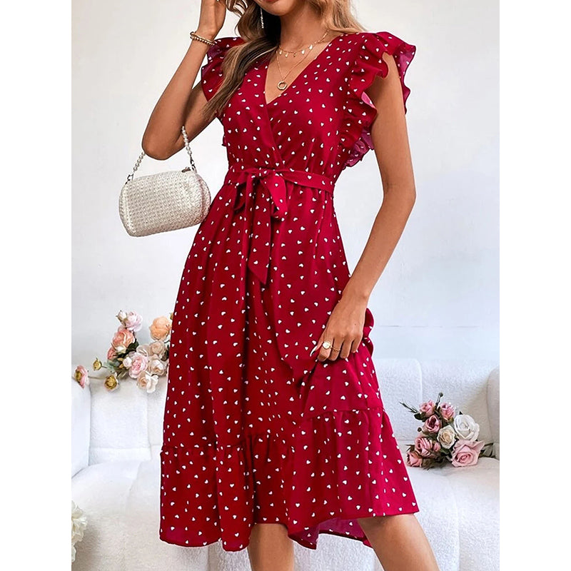 Polka Dot Printed Flutter Sleeves Tie-Up Detailed A-Line Midi Dress