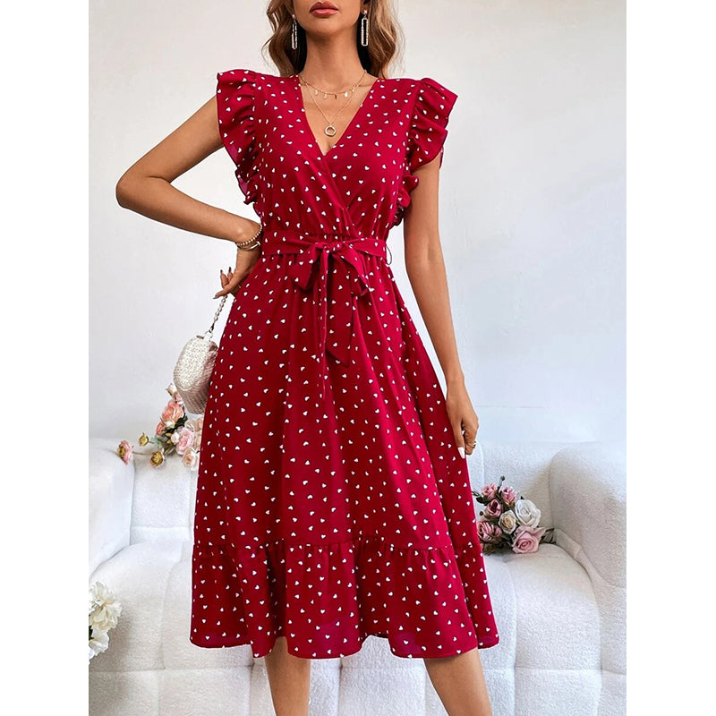 Polka Dot Printed Flutter Sleeves Tie-Up Detailed A-Line Midi Dress
