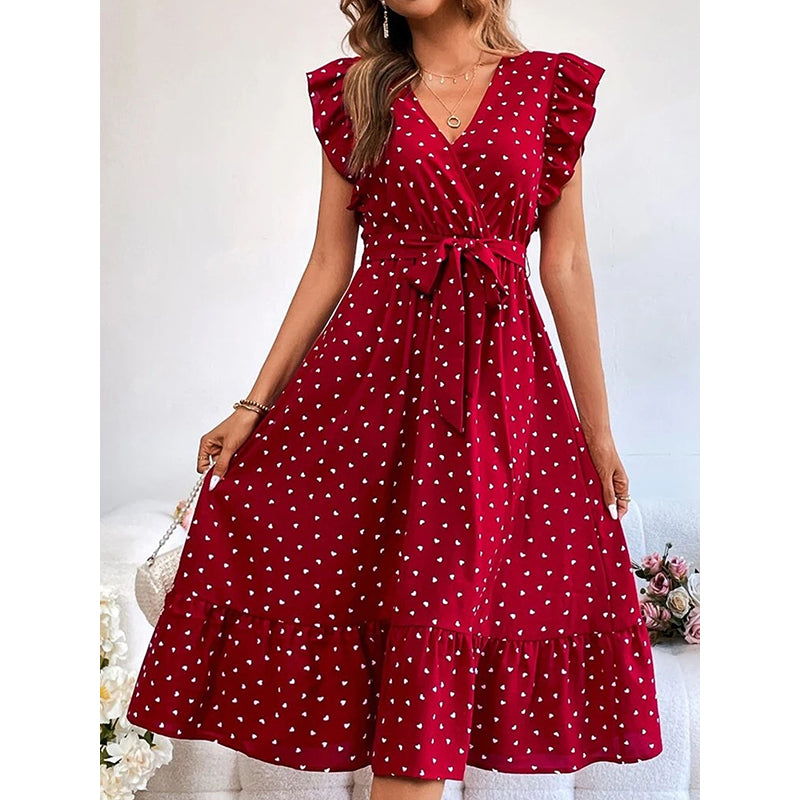 Polka Dot Printed Flutter Sleeves Tie-Up Detailed A-Line Midi Dress
