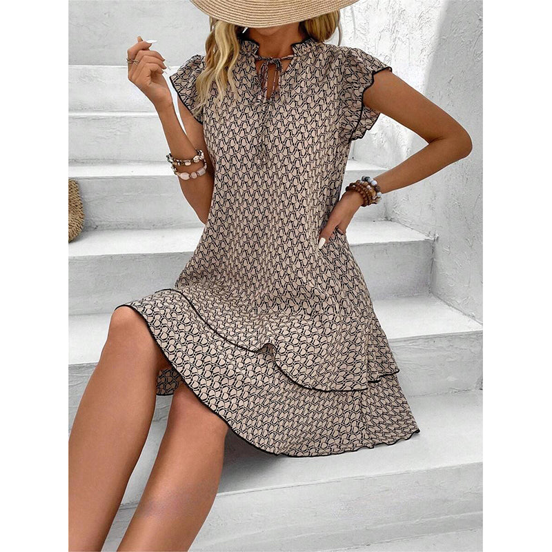 Khaki Abstract Printed Flutter Sleeve A-Line Dress