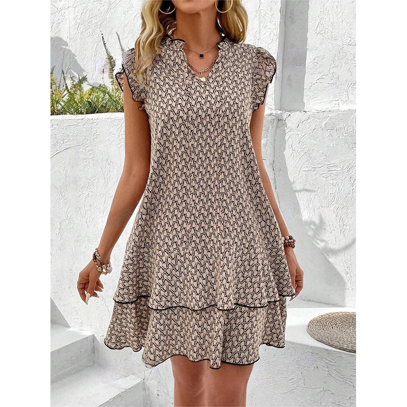 Khaki Abstract Printed Flutter Sleeve A-Line Dress