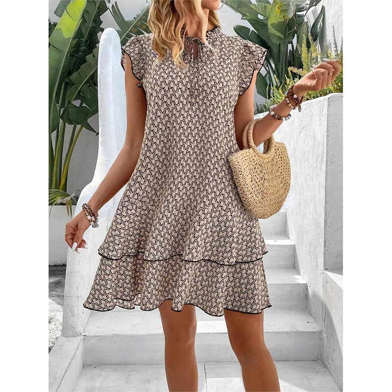 Khaki Abstract Printed Flutter Sleeve A-Line Dress