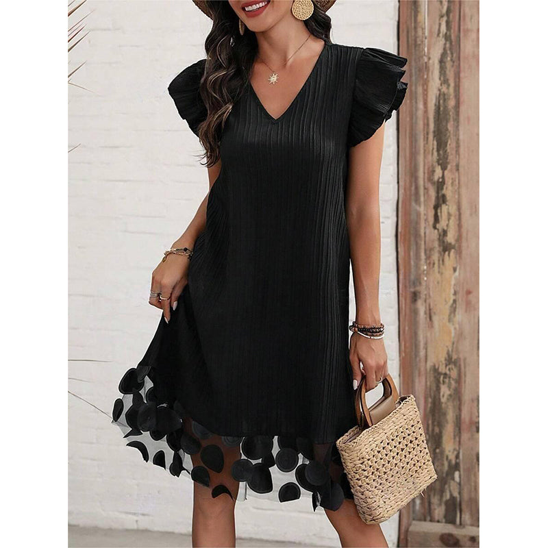 Women Flutter Sleeve Applique A-Line Dress