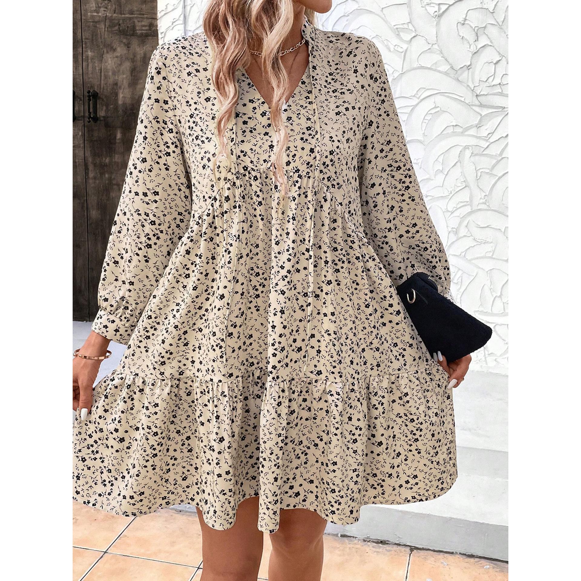 Women Floral Print Bell Sleeve Layered Sheath Dress
