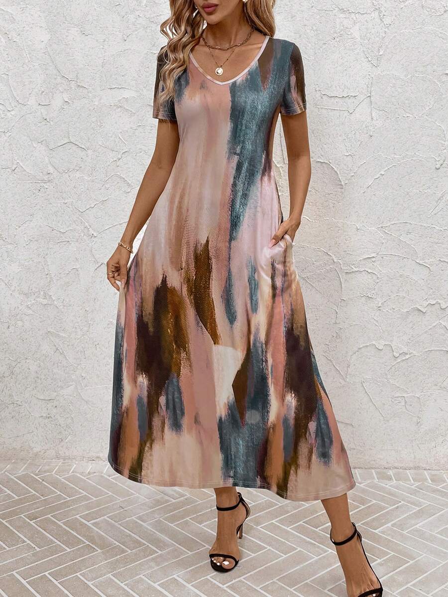 Tie and Dye Print A-Line Midi Dress