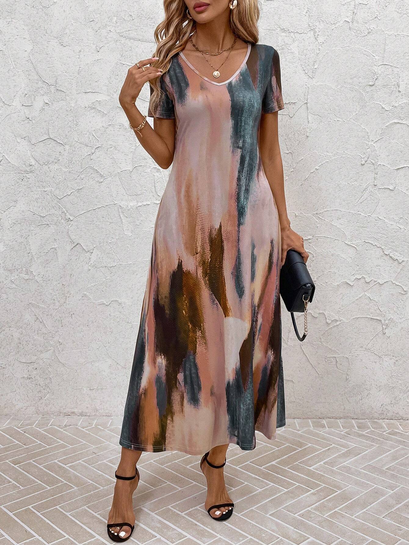 Tie and Dye Print A-Line Midi Dress
