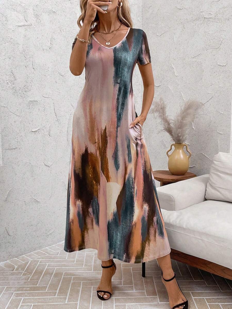 Tie and Dye Print A-Line Midi Dress