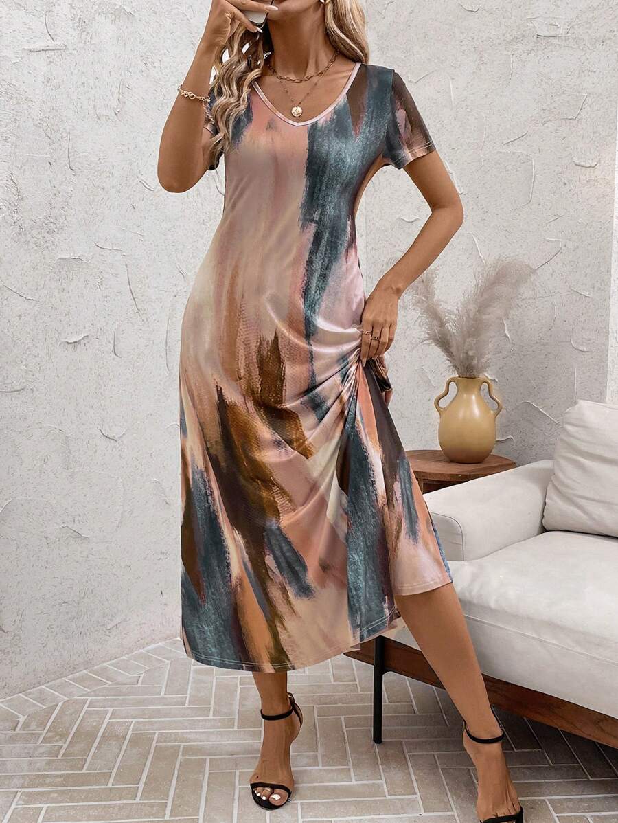 Tie and Dye Print A-Line Midi Dress