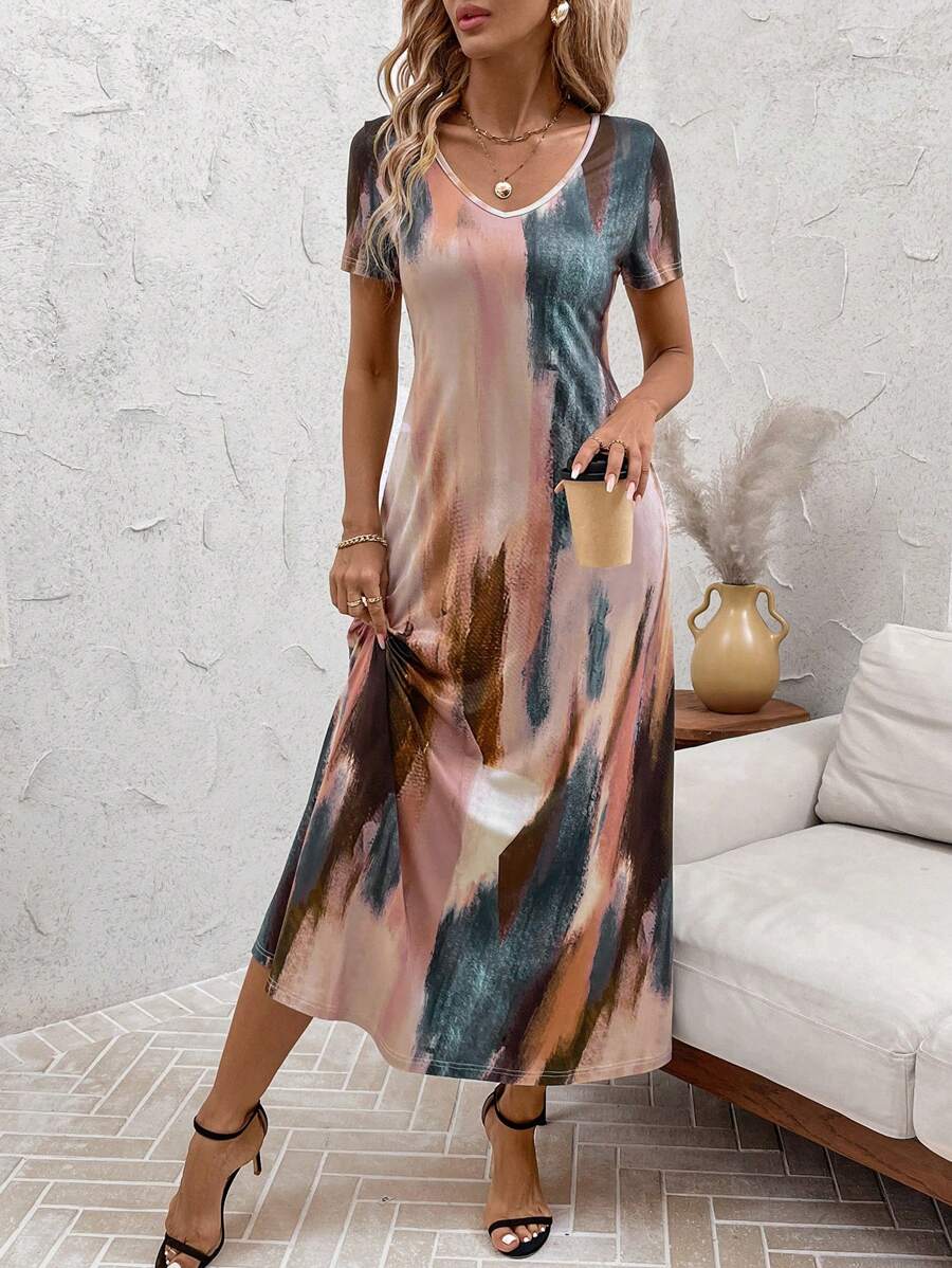 Tie and Dye Print A-Line Midi Dress