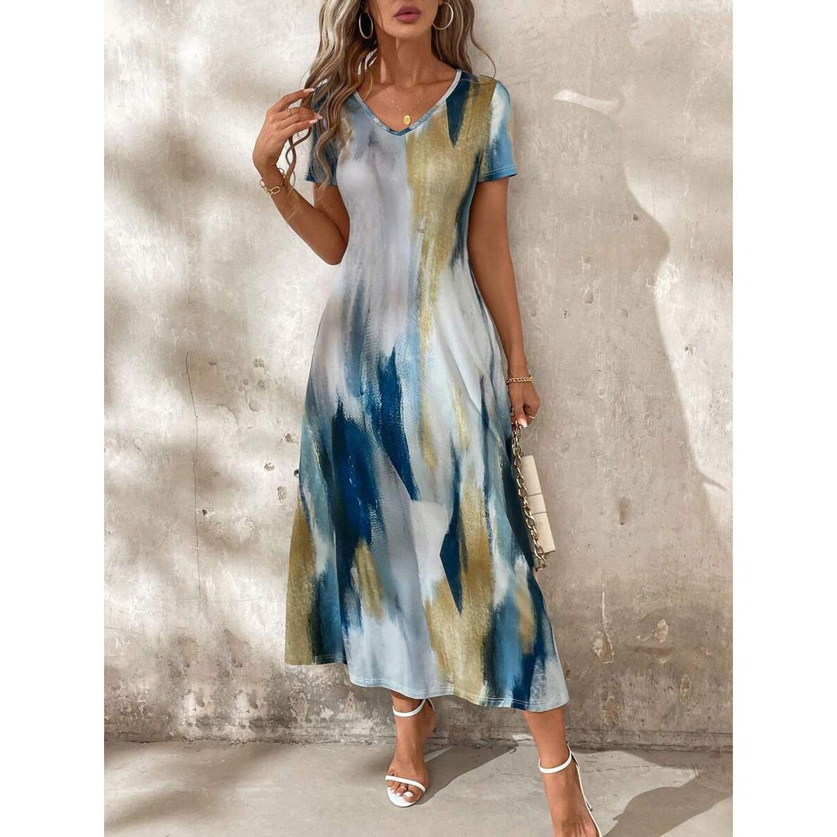 Tie and Dye Print A-Line Midi Dress
