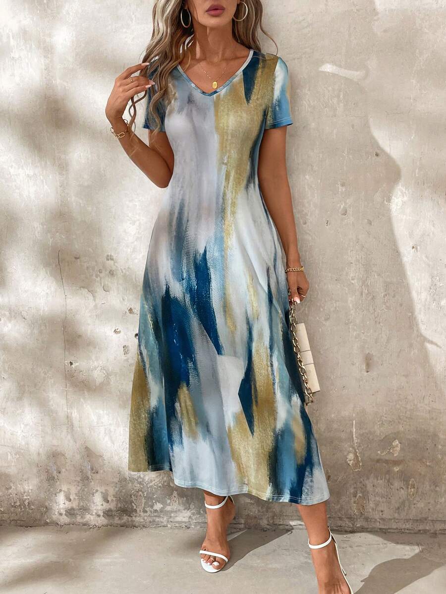 Tie and Dye Print A-Line Midi Dress