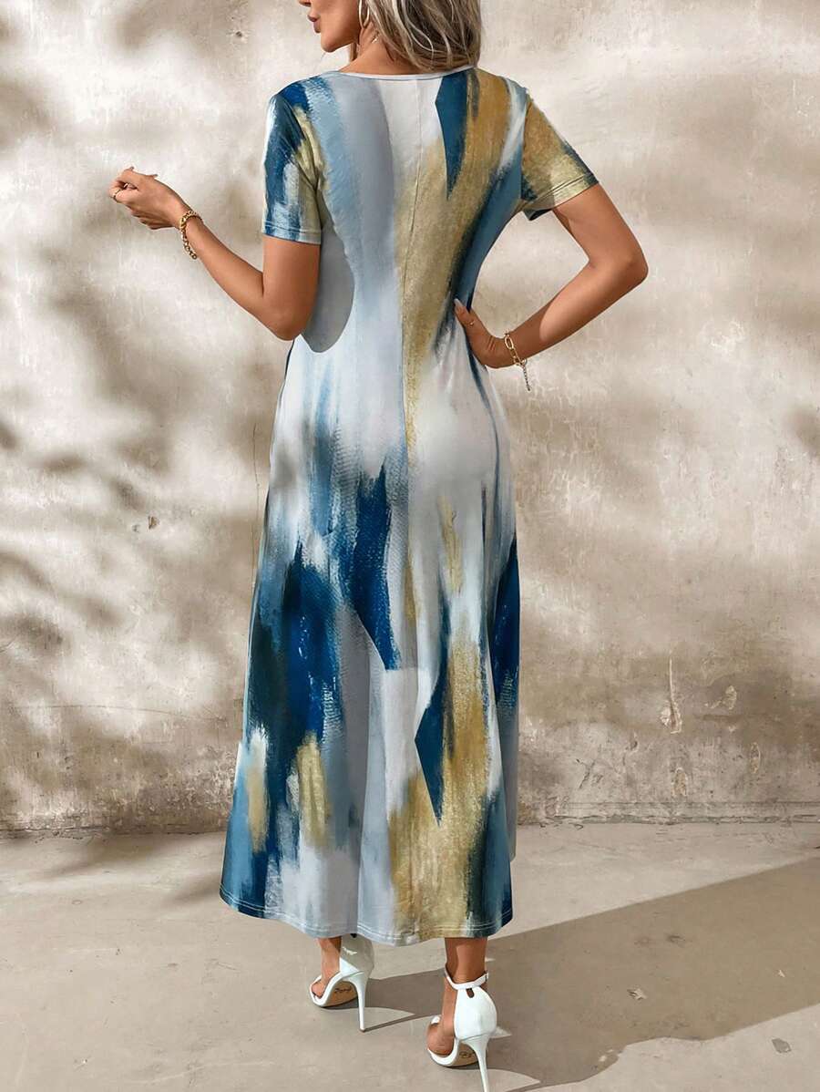 Tie and Dye Print A-Line Midi Dress