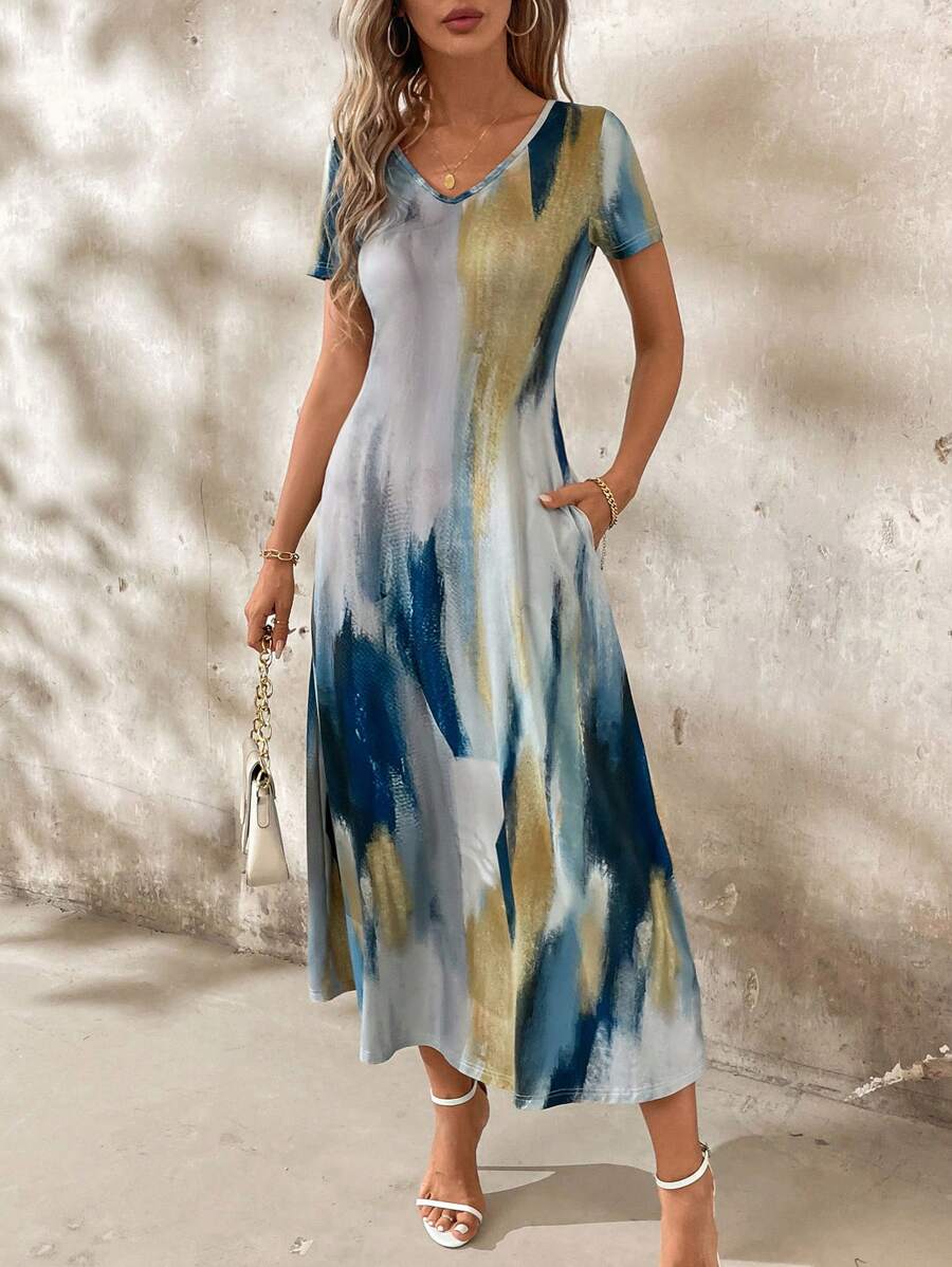 Tie and Dye Print A-Line Midi Dress