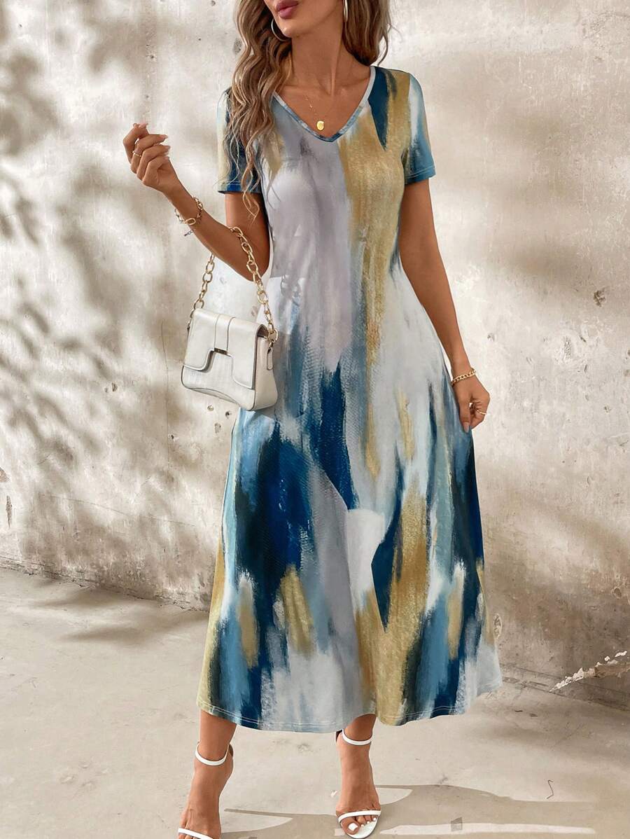 Tie and Dye Print A-Line Midi Dress