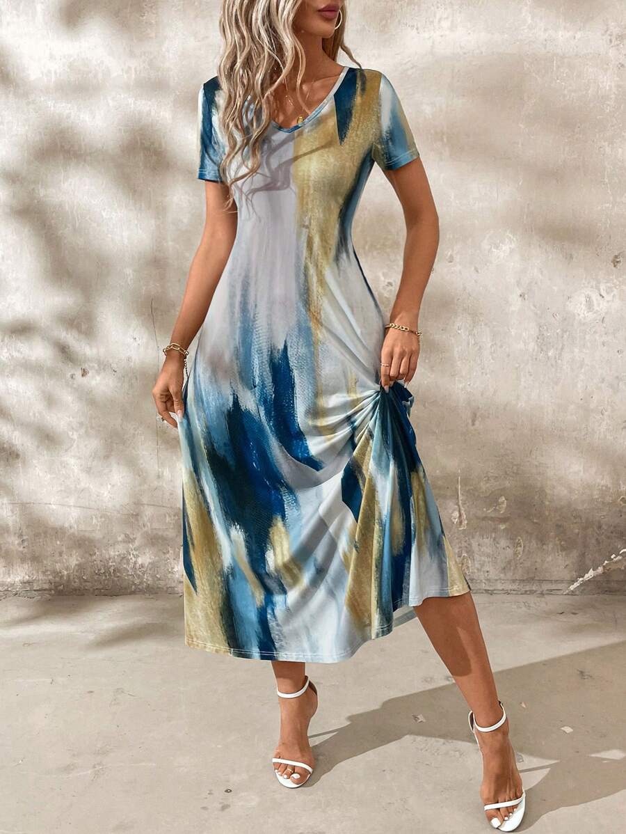 Tie and Dye Print A-Line Midi Dress