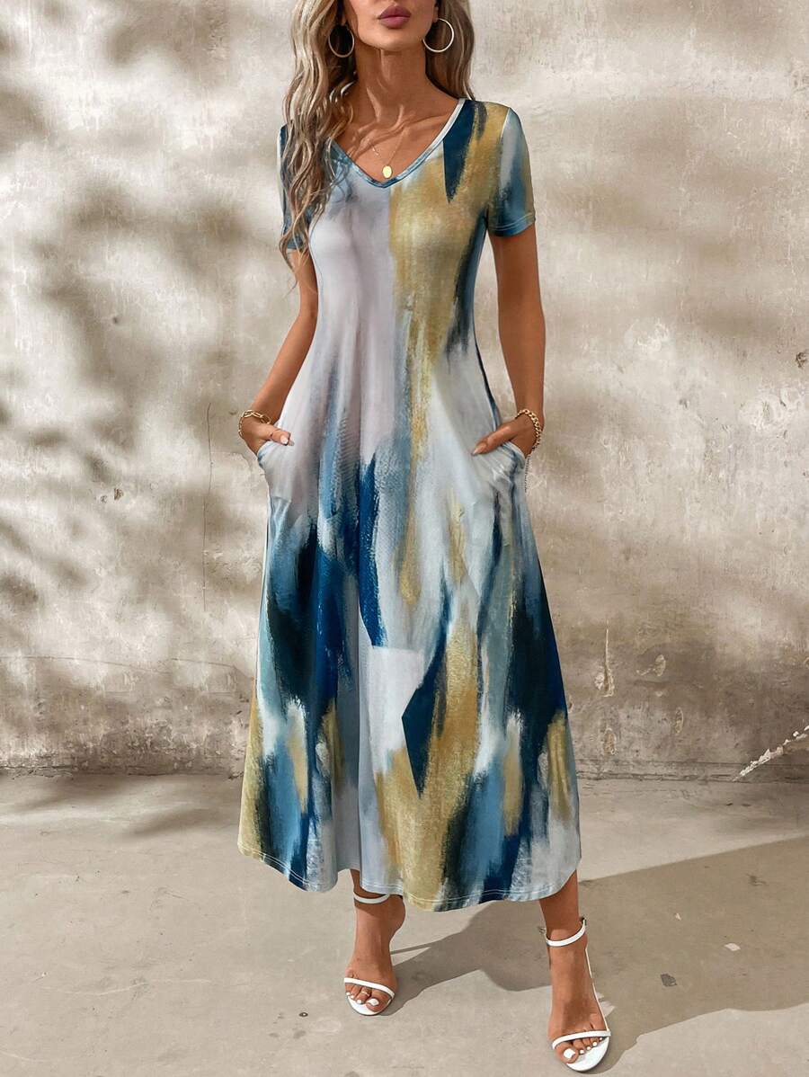 Tie and Dye Print A-Line Midi Dress