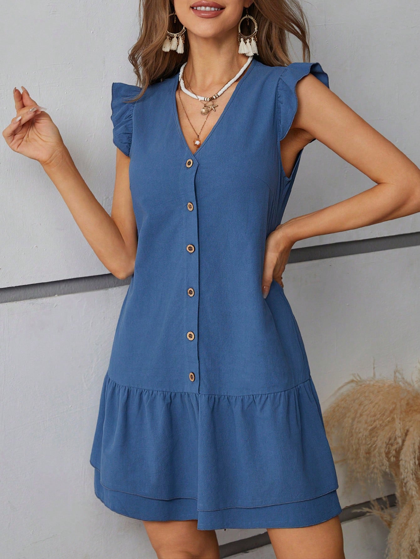 Flutter Sleeve Denim Fit & Flare Dress