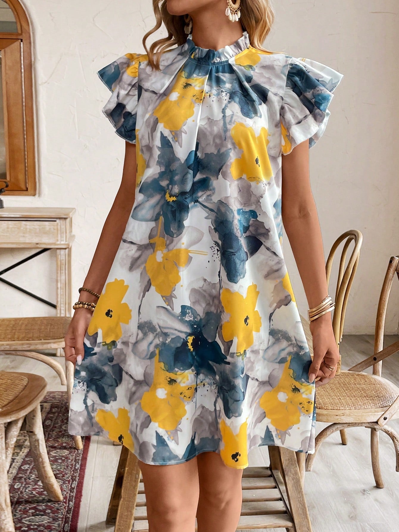 Floral Print Ruffled A-Line Dress