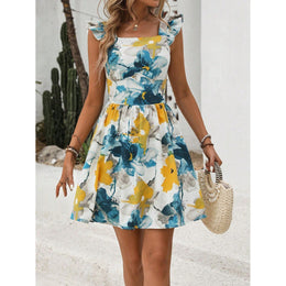 Floral Print Choker Neck Ruffled A-Line Dress