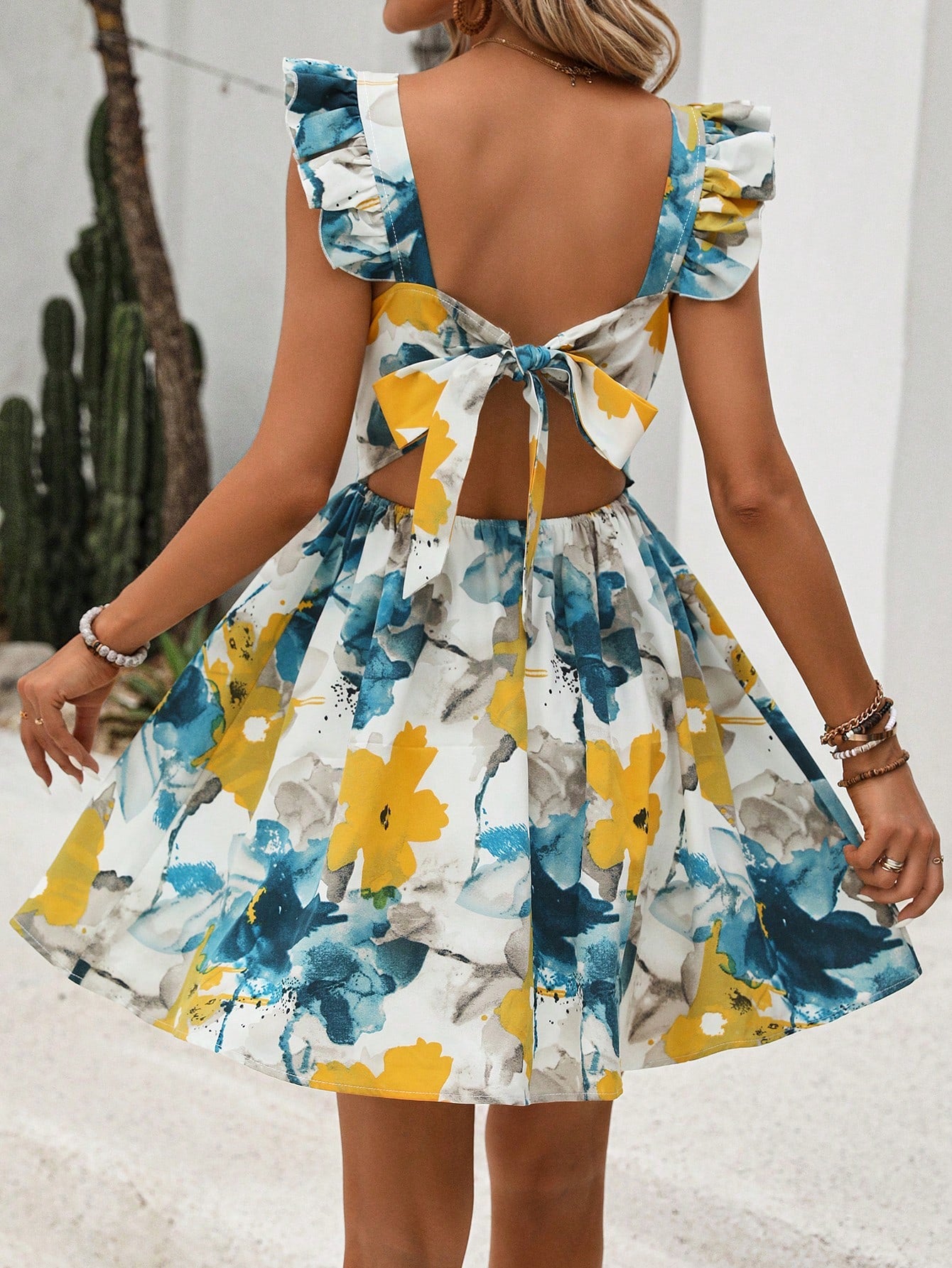 Floral Print Choker Neck Ruffled A-Line Dress