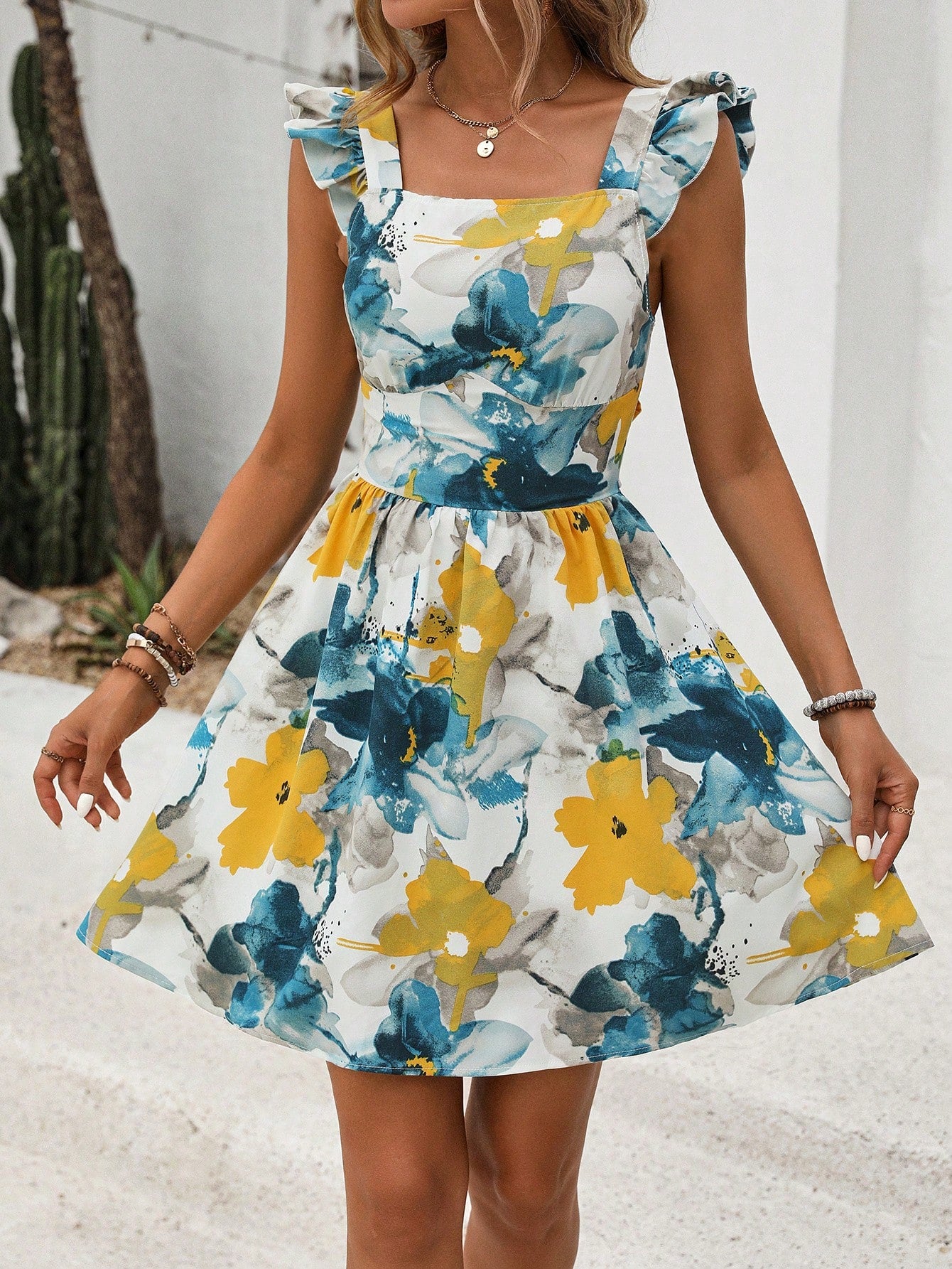 Floral Print Choker Neck Ruffled A-Line Dress