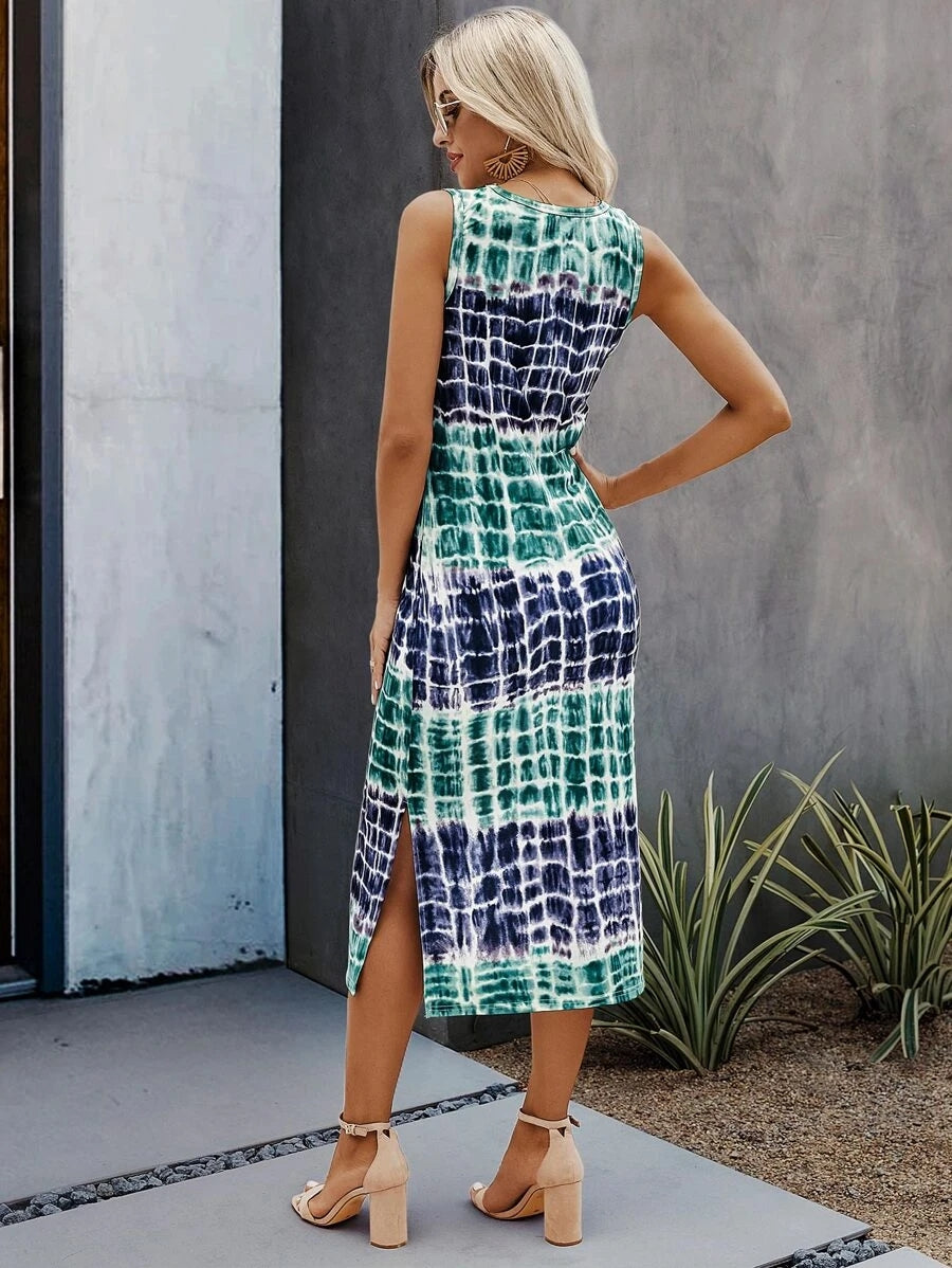 Tie and Dye Print A-Line Midi Dress