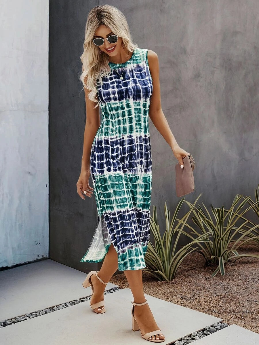 Tie and Dye Print A-Line Midi Dress