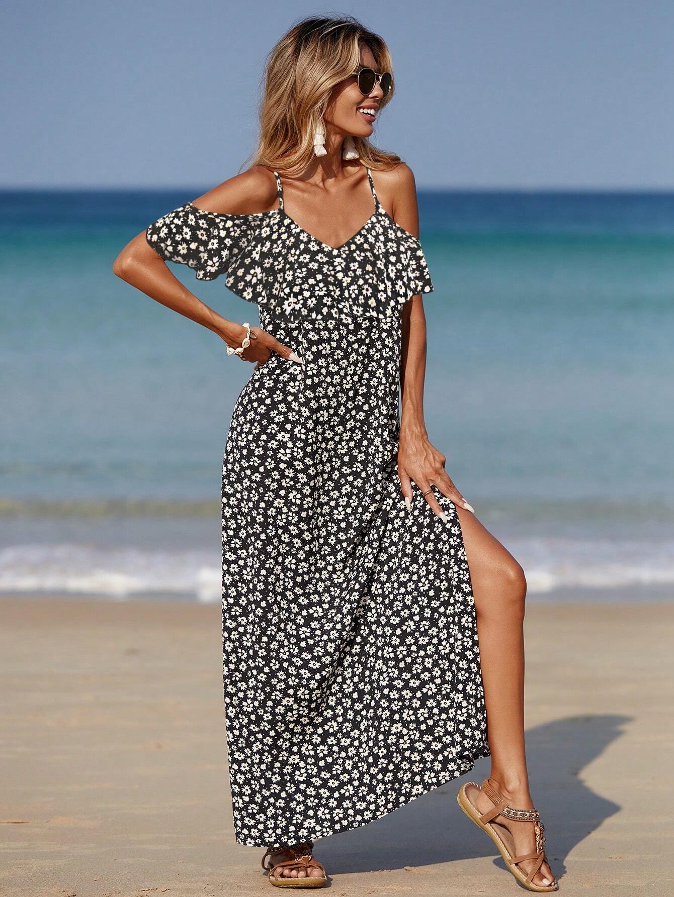 Floral Print Cold-Shoulder Maxi Dress