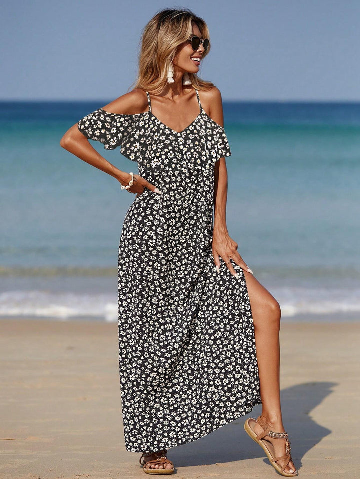 Floral Print Cold-Shoulder Maxi Dress